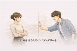 境界線を保とうとする女性と踏み込もうとする男性を描いたバウンダリーのイメージイラスト