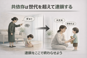 共依存は世代を超えて連鎖する様子と、それを断ち切る親子関係の対比イラスト