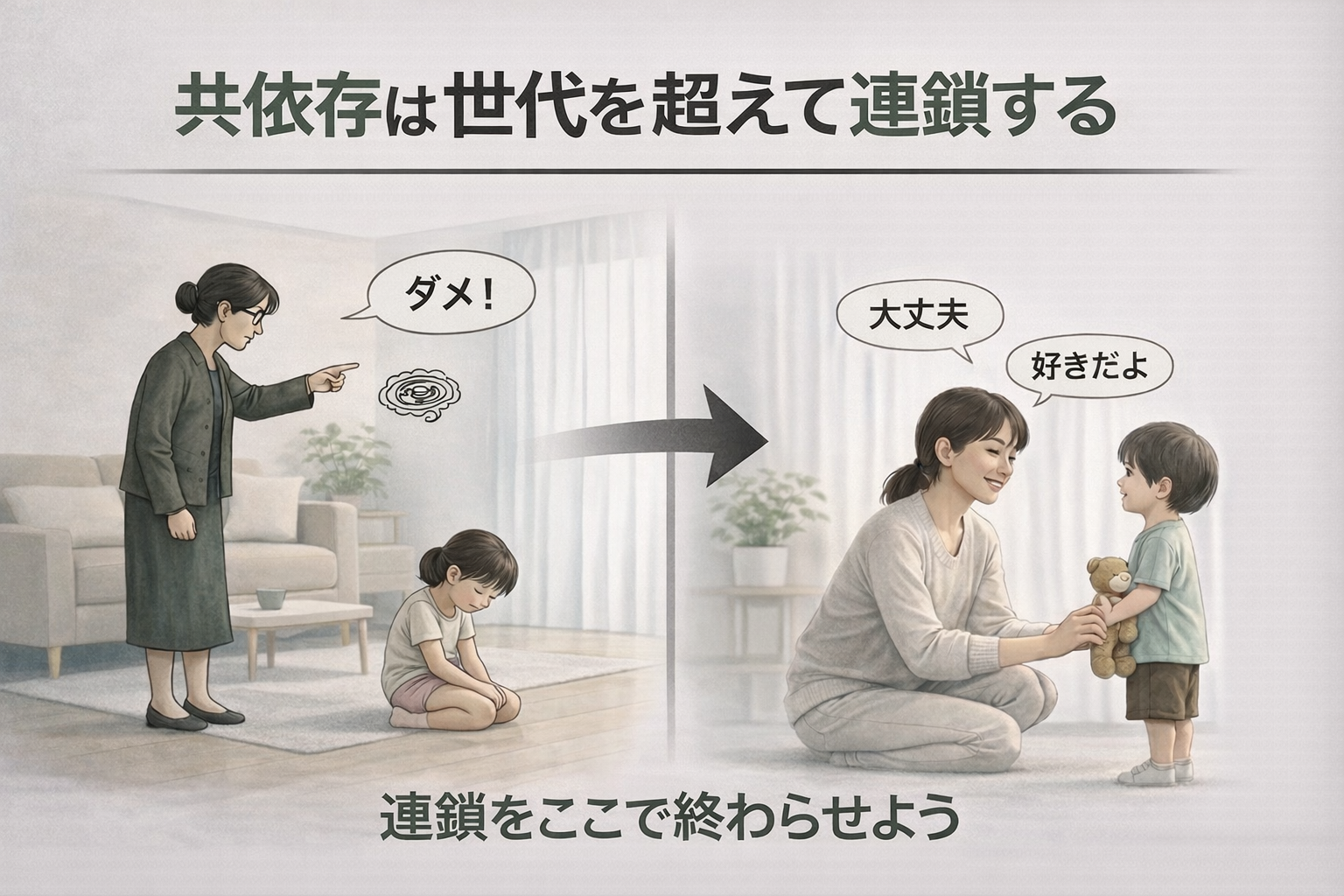 共依存は世代を超えて連鎖する様子と、それを断ち切る親子関係の対比イラスト