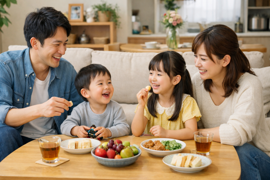 共依存に気づいたら最初に読むページ|夫婦・人間関係の悩みを整理するカウンセリング 13 日本人の30代夫婦と7歳の女の子、3歳の男の子がリビングで団欒している様子