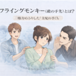 フライングモンキーの関係構造のイメージ：戸惑う女性と、味方のふりをする人物とささやく男性のイラスト