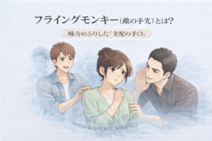 フライングモンキーの関係構造のイメージ：戸惑う女性と、味方のふりをする人物とささやく男性のイラスト