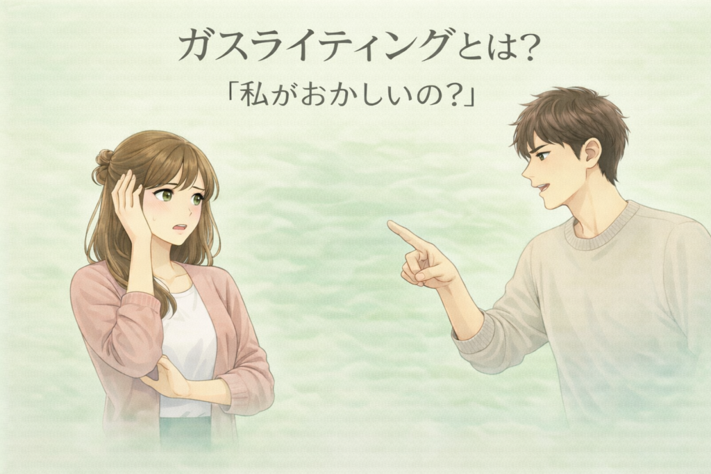 「私が悪いの?」その自己不信、夫や妻からのガスライティングかもしれません 19 ガスライティングとは何かを解説するイメージ。戸惑う女性と落ち着いて否定する男性の対比。