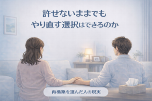 不倫後にやり直す選択をした夫婦がリビングで手をつないでいる様子