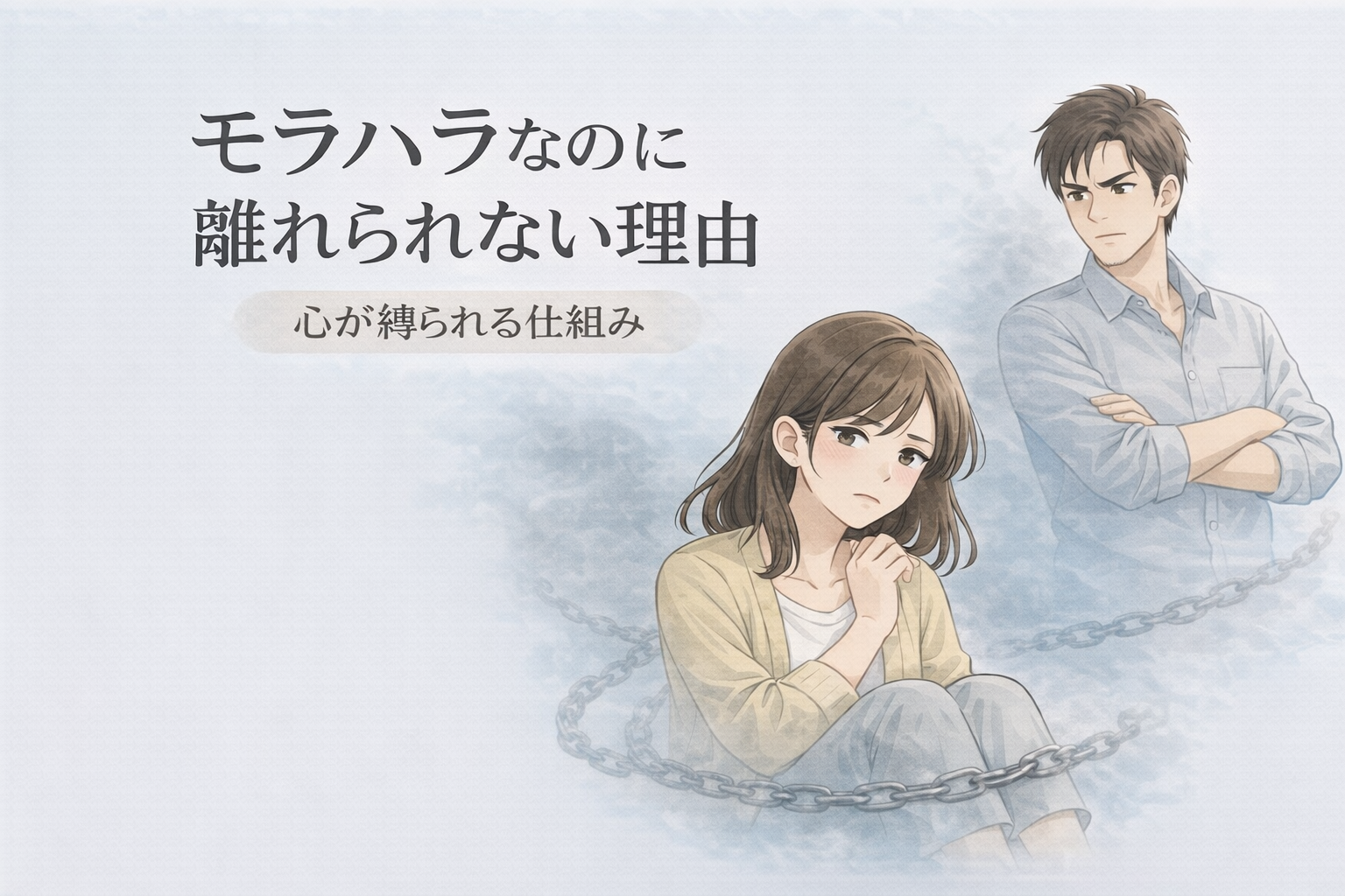 モラハラなのに離れられない心理のイメージ：不安そうな女性と距離のある男性のイラスト