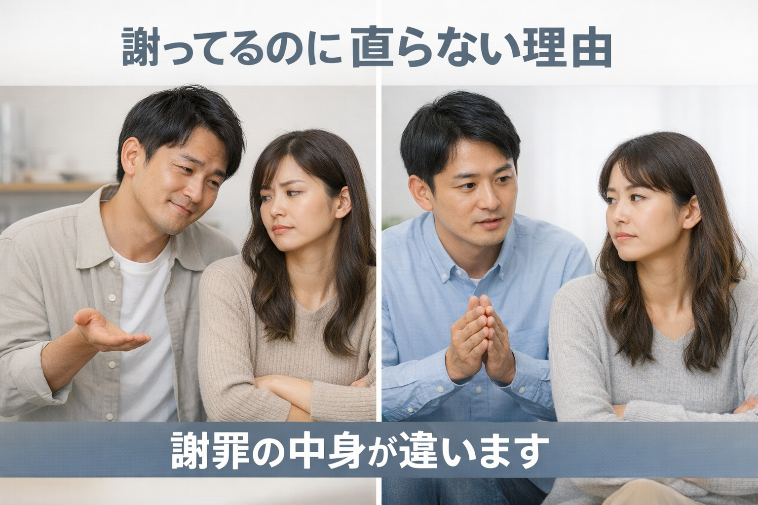 謝っているのに関係が改善しない場面を、異なる謝罪のあり方として比較した夫婦のイメージ