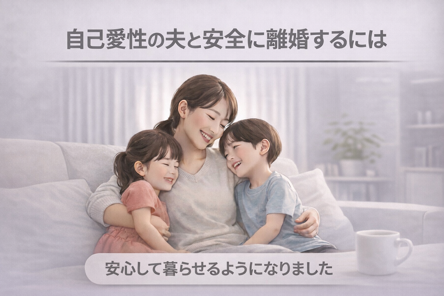 自己愛性の夫と安全に離婚した後、母親と子供2人が安心して穏やかに暮らしている様子のイラスト
