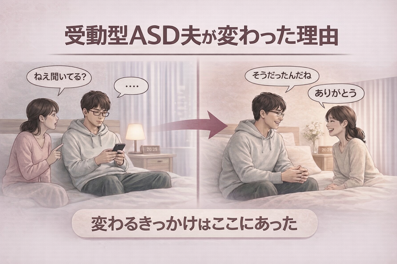 受動型ASDの夫が無関心な状態から変化し、妻とのコミュニケーションが改善していく様子を比較したイラスト