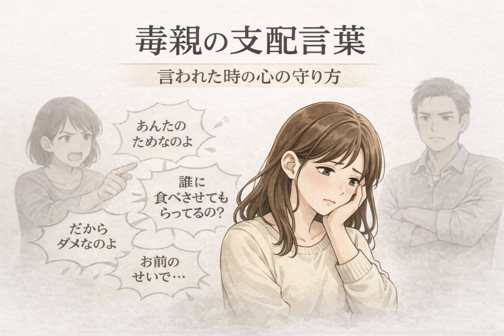 毒親の支配言葉に傷つく女性と親のイメージイラスト