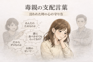 毒親の支配言葉に傷つく女性と親のイメージイラスト