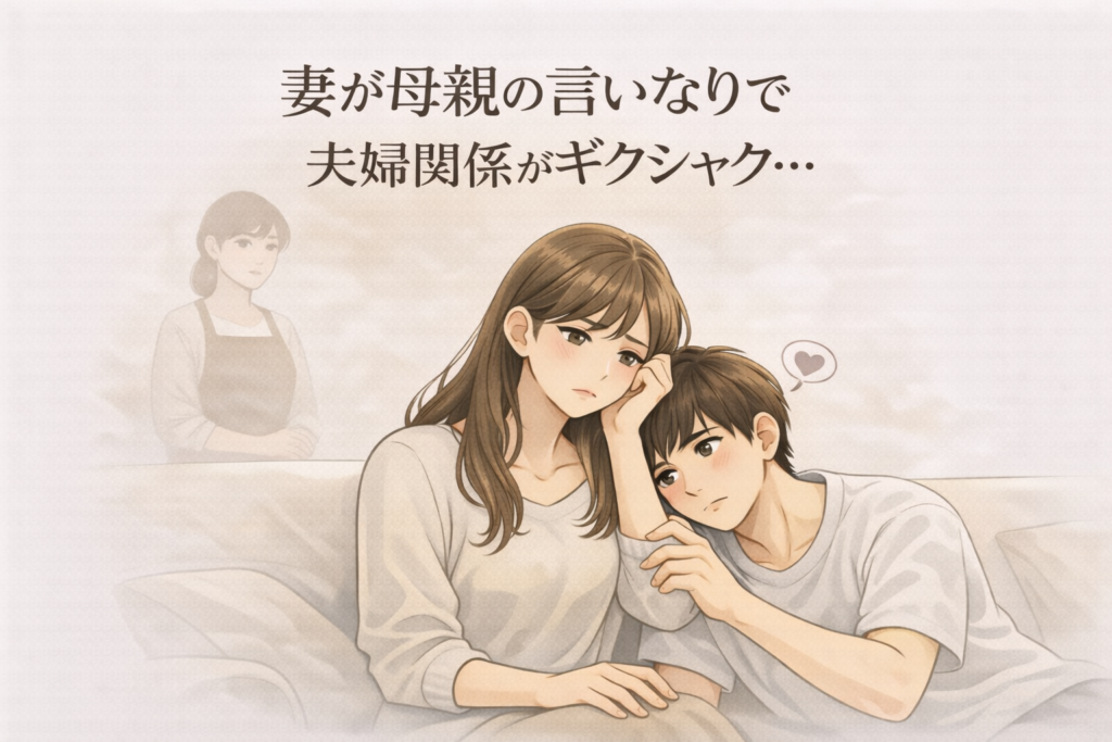 妻が母親の言いなりで夫婦関係が壊れる:母娘共依存が生む問題と、夫ができること 20 母親の影響を強く受ける妻と、距離が生まれる夫婦関係を表したイラスト