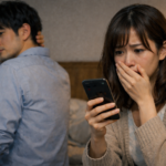 スマホで夫の不倫が発覚してショックを受けている妻と動揺している夫