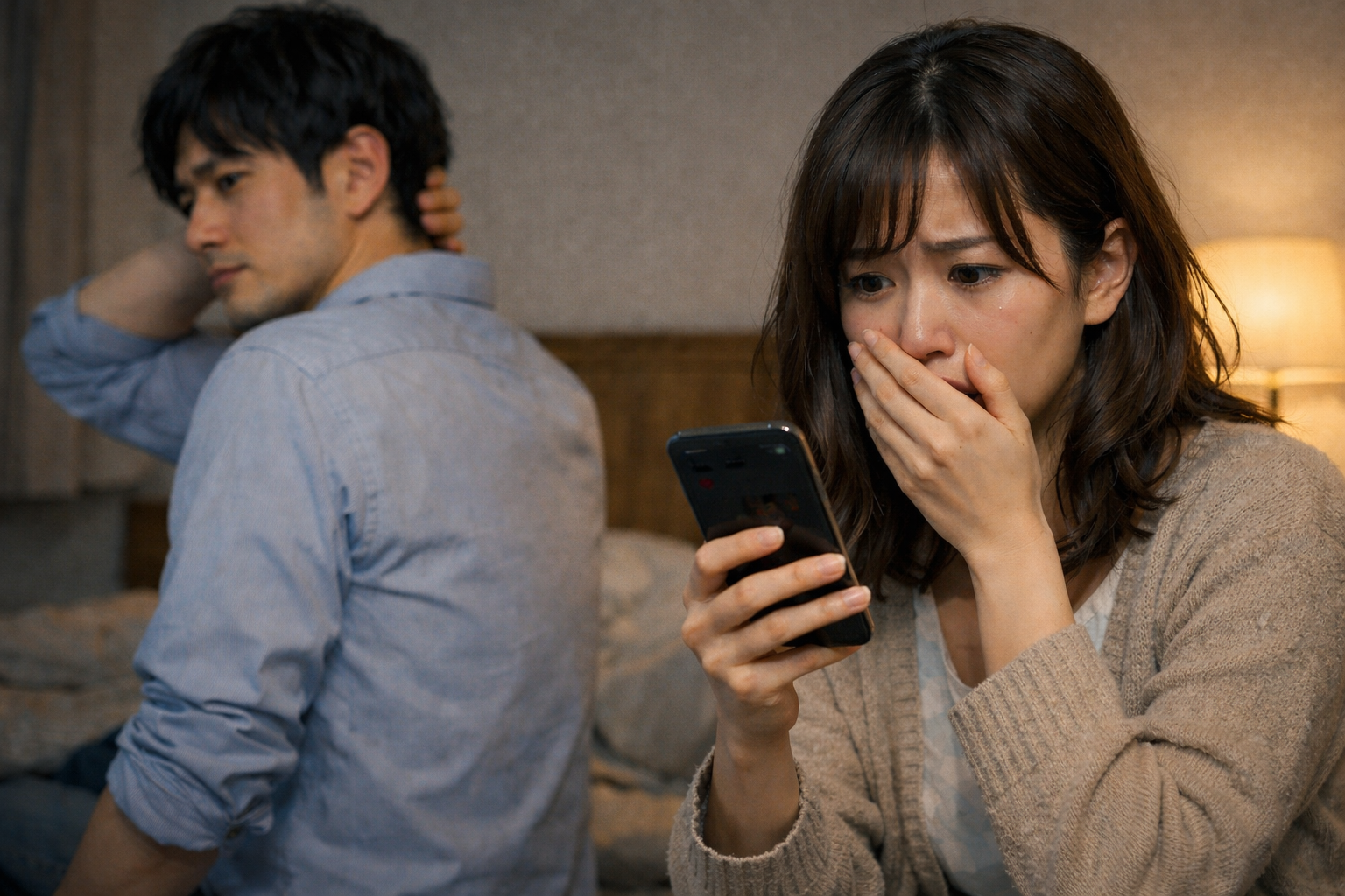 スマホで夫の不倫が発覚してショックを受けている妻と動揺している夫
